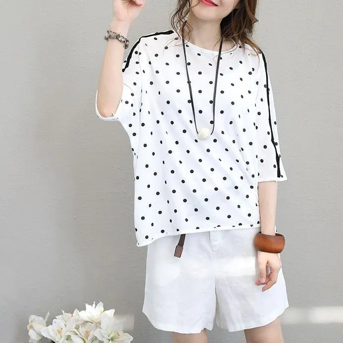 2018 white cotton tops plus size shirts Fine batwing sleeve dotted cotton tops