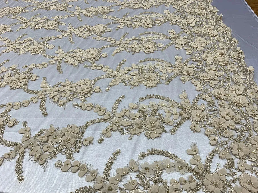 3D Beaded Flowers Bridal Embroidery Mesh Lace Fabric By The Yard