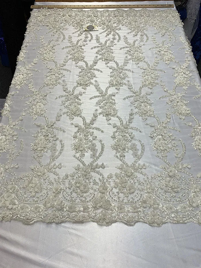 3D Beaded Flowers Bridal Embroidery Mesh Lace Fabric By The Yard