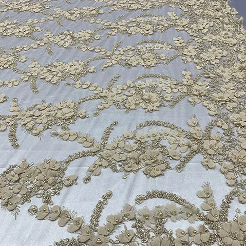 3D Beaded Flowers Bridal Embroidery Mesh Lace Fabric By The Yard