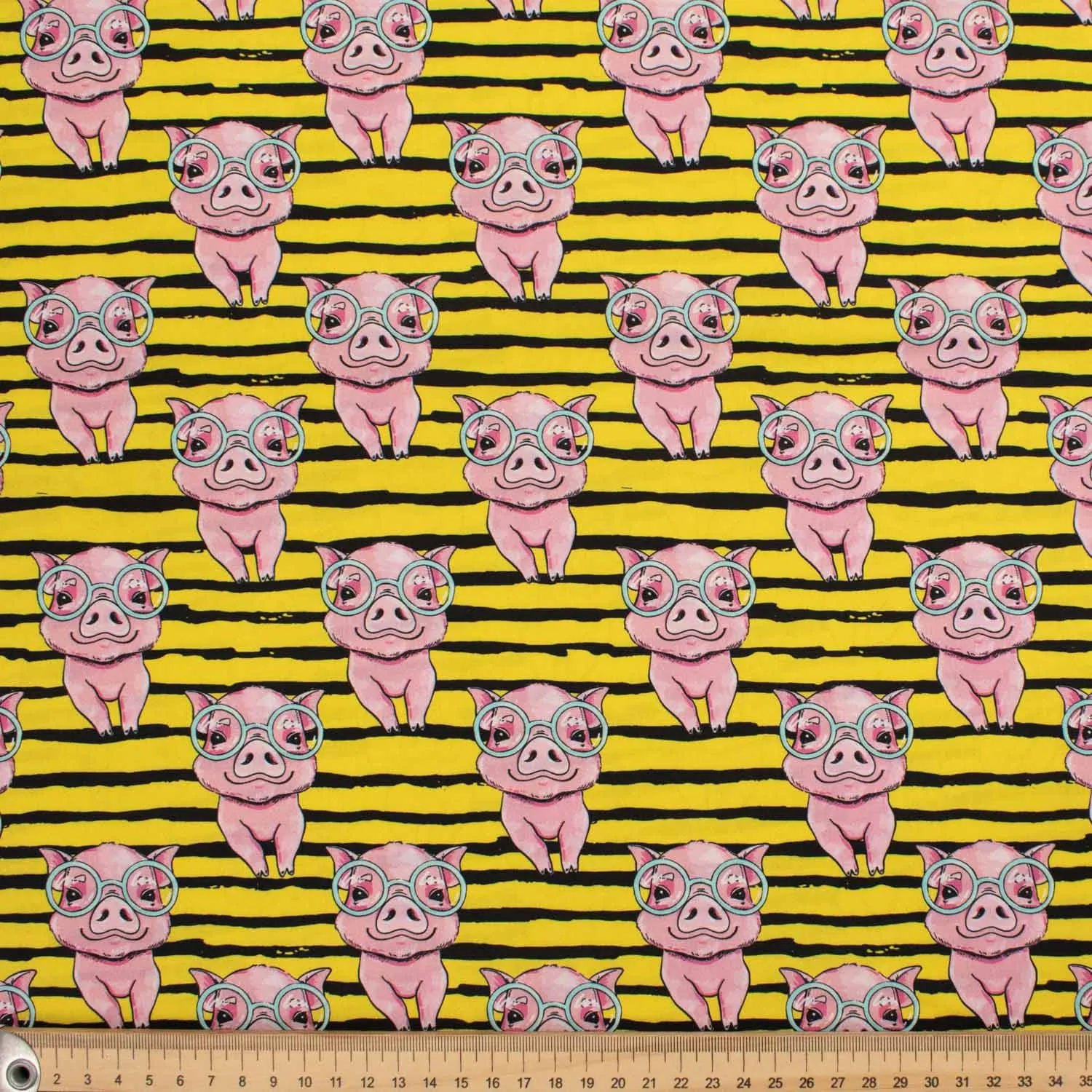 Animal Series The Pink Pig on Yellow Stripes Cotton Prints