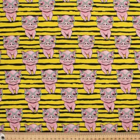 Animal Series The Pink Pig on Yellow Stripes Cotton Prints