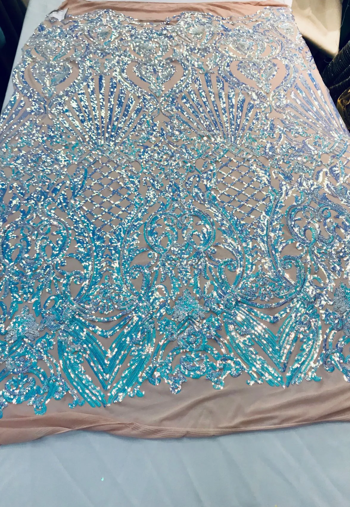 Ariel Damask Sequins Design on a 4 Way Stretch Mesh Fabric- 48/50" Wide- Sold By The Yard.