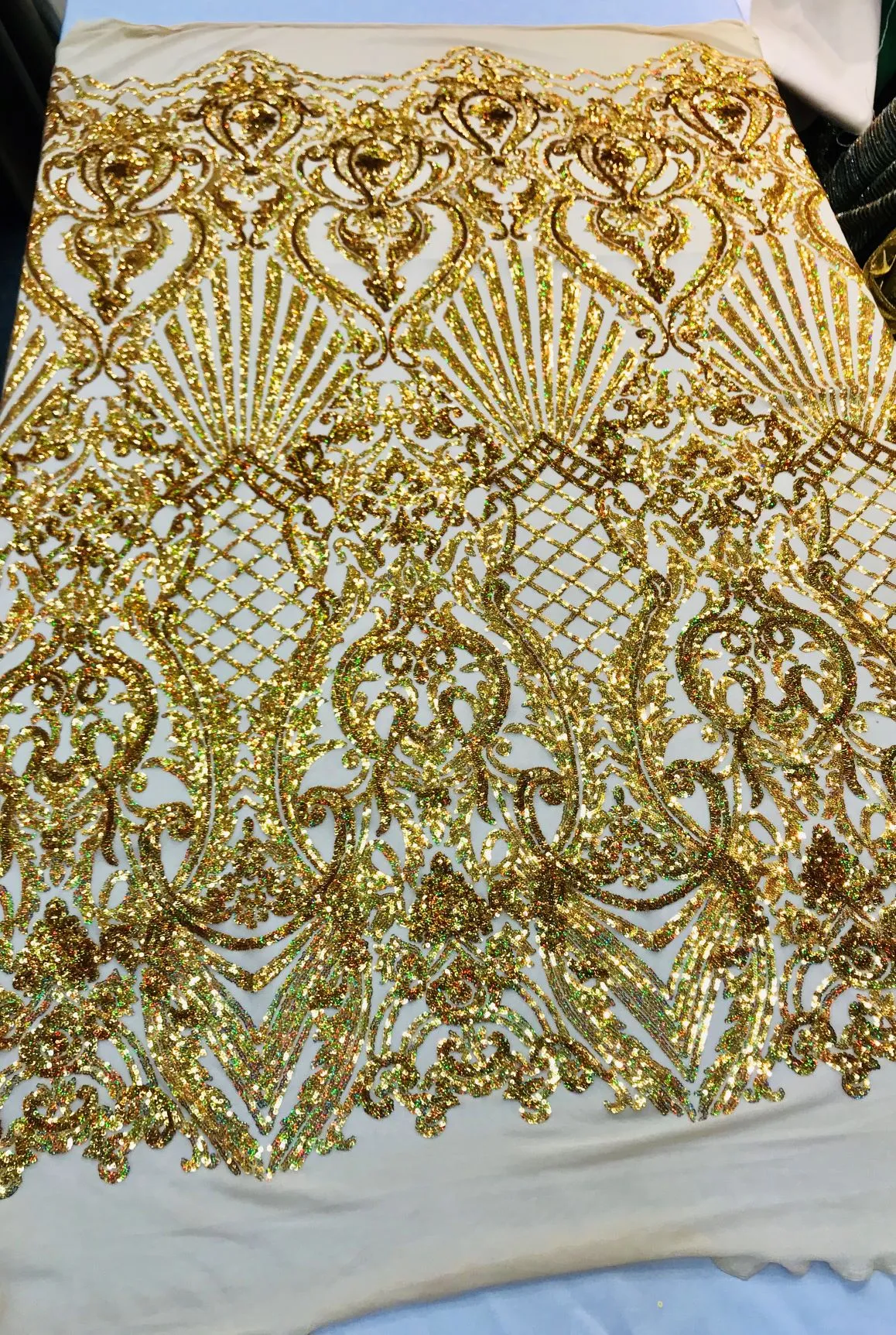 Ariel Damask Sequins Design on a 4 Way Stretch Mesh Fabric- 48/50" Wide- Sold By The Yard.