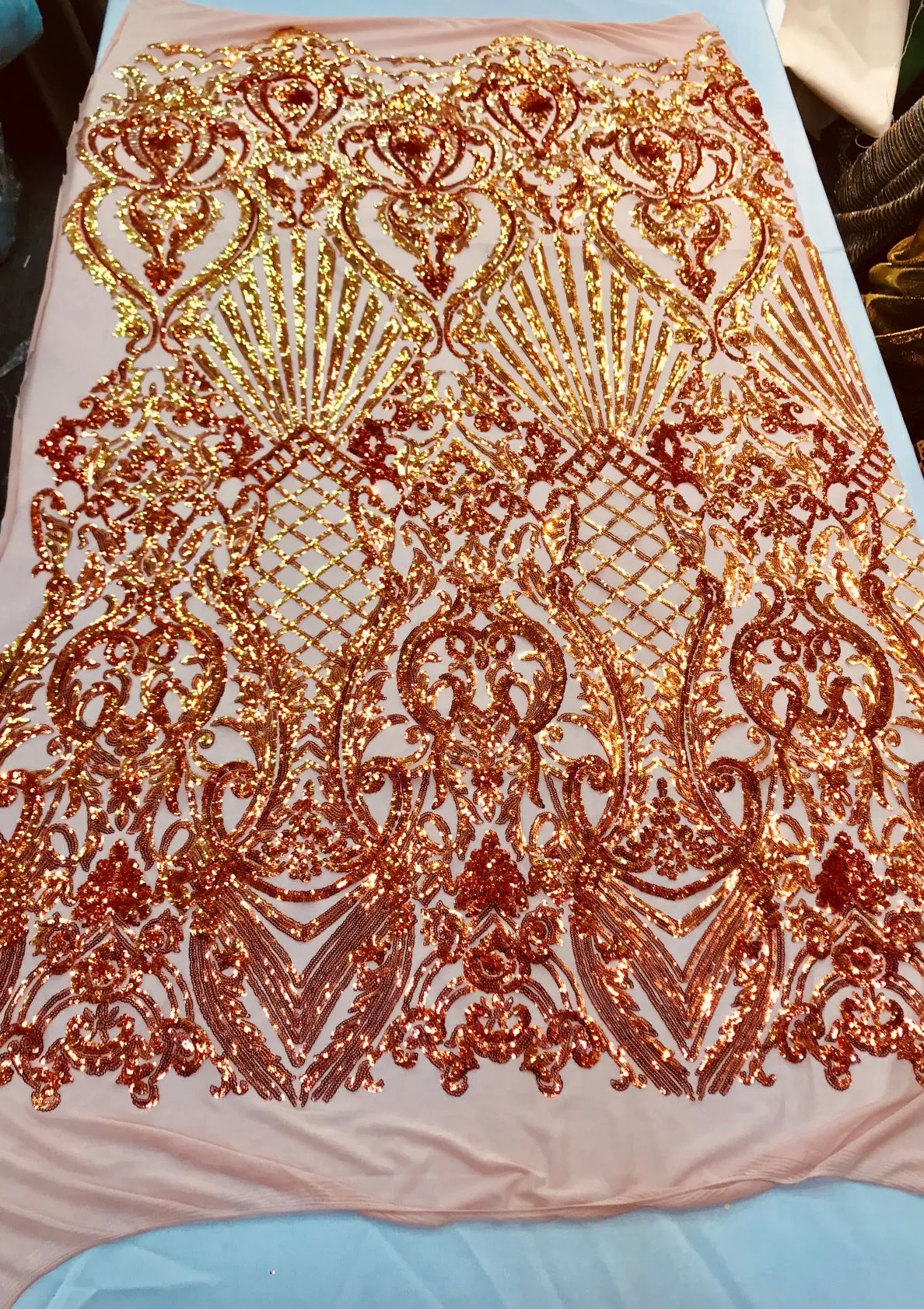 Ariel Damask Sequins Design on a 4 Way Stretch Mesh Fabric- 48/50" Wide- Sold By The Yard.