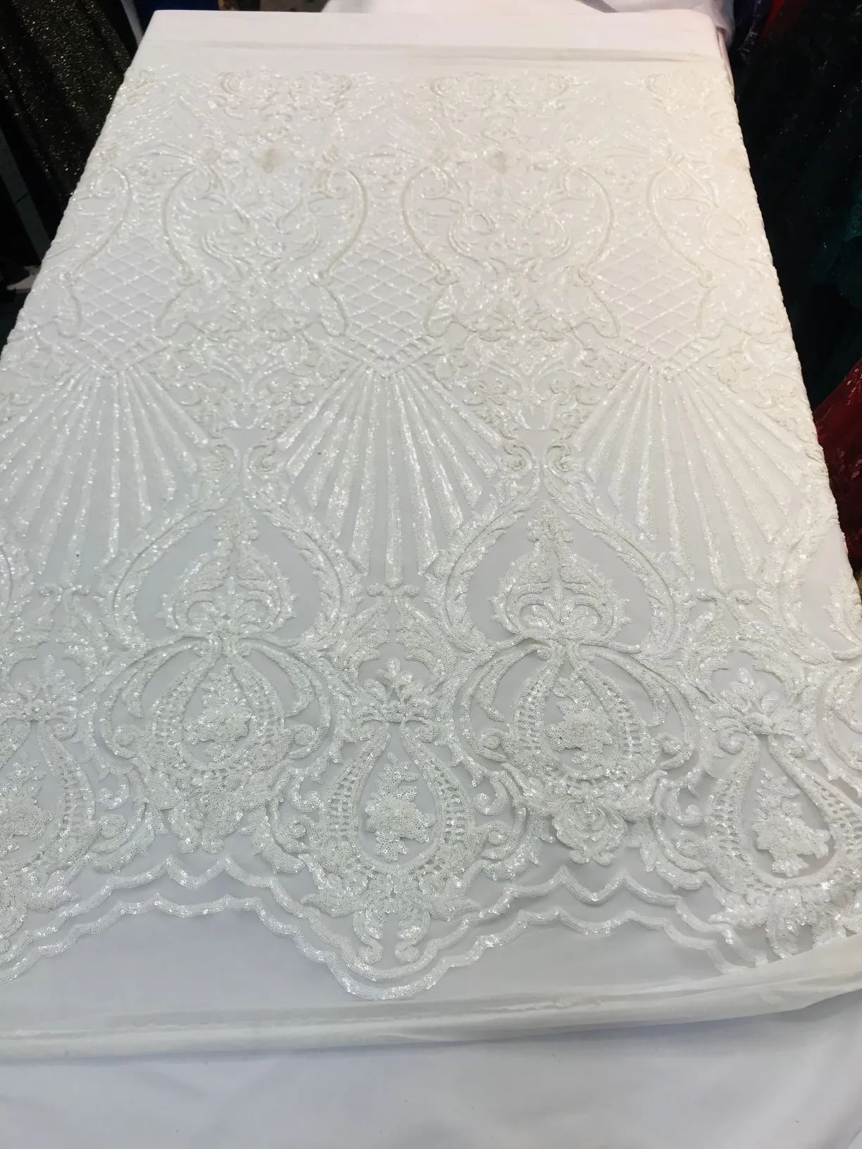 Ariel Damask Sequins Design on a 4 Way Stretch Mesh Fabric- 48/50" Wide- Sold By The Yard.