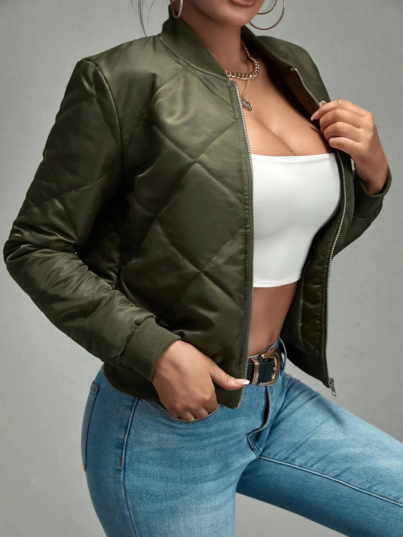 Army Green Zip Up Quilted Bomber Jacket