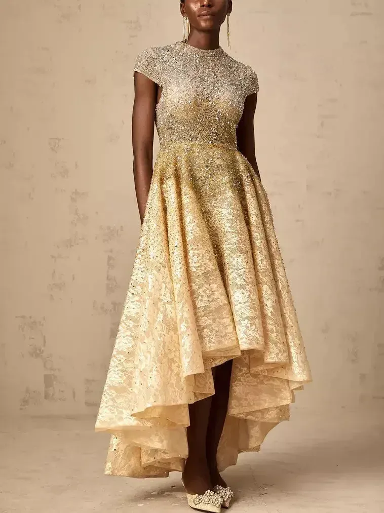 Asymmetrical Gold Sequin-Embellished Cap-Sleeve Dress