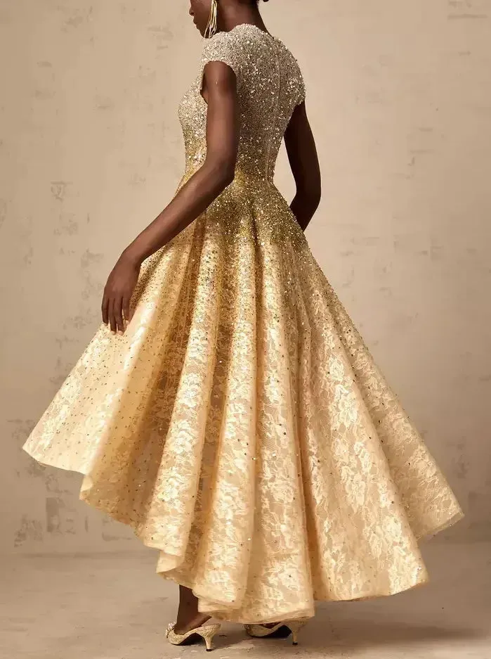 Asymmetrical Gold Sequin-Embellished Cap-Sleeve Dress