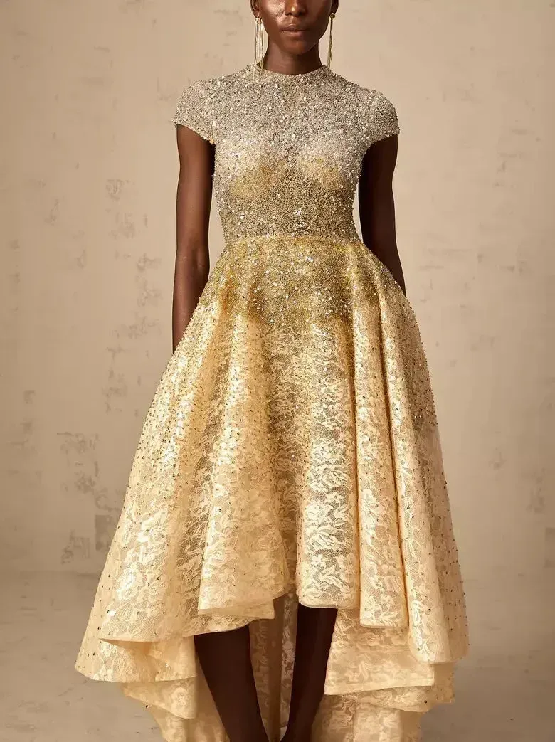 Asymmetrical Gold Sequin-Embellished Cap-Sleeve Dress