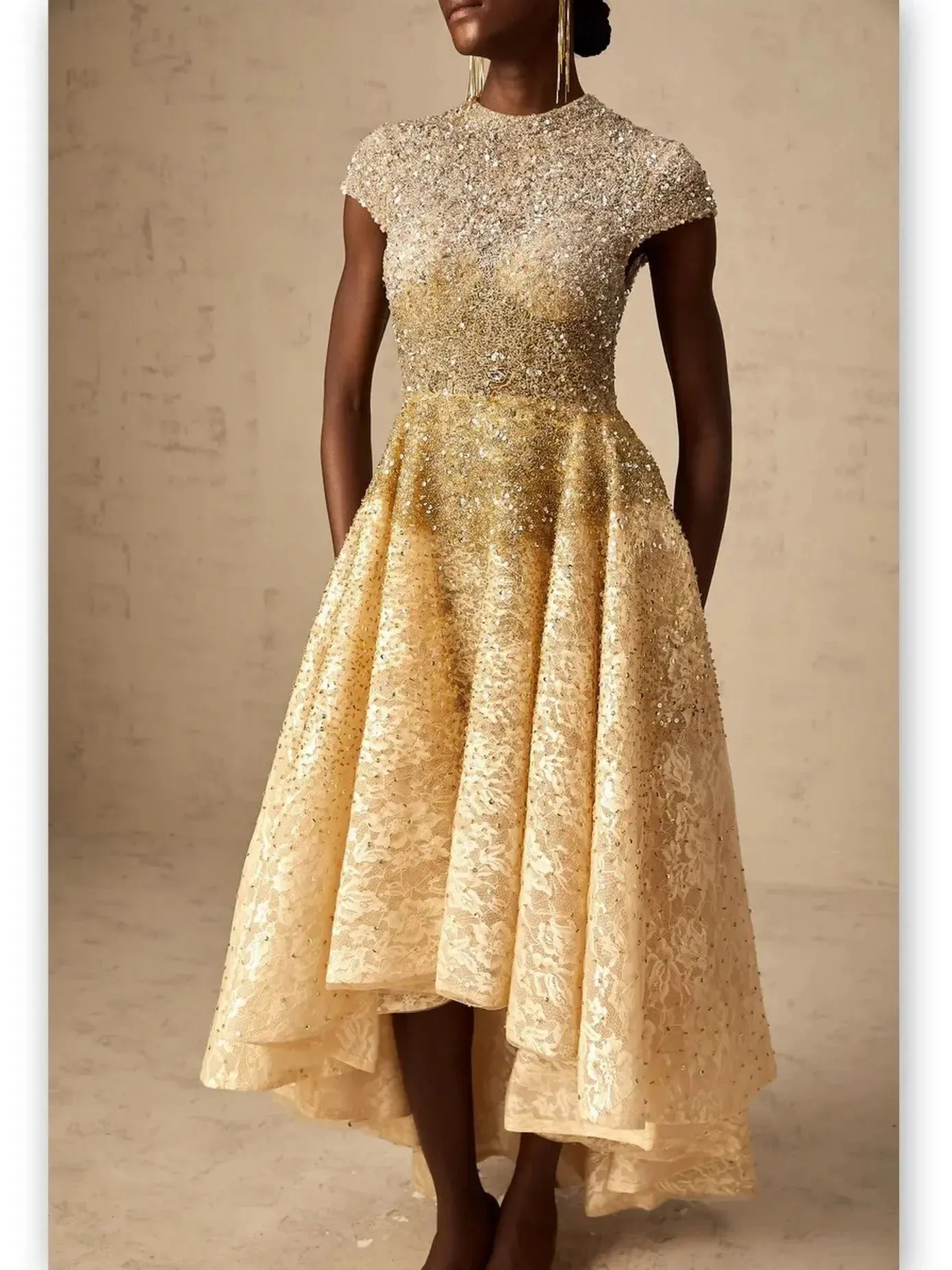 Asymmetrical Gold Sequin-Embellished Cap-Sleeve Dress