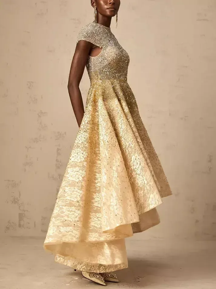 Asymmetrical Gold Sequin-Embellished Cap-Sleeve Dress