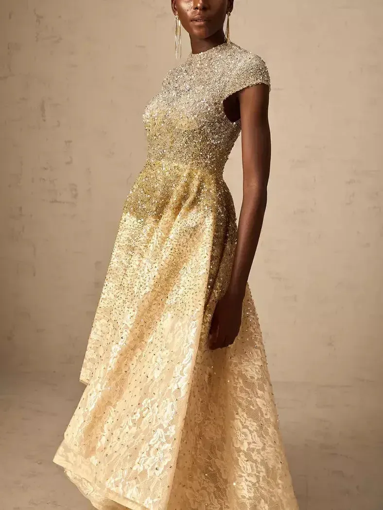 Asymmetrical Gold Sequin-Embellished Cap-Sleeve Dress