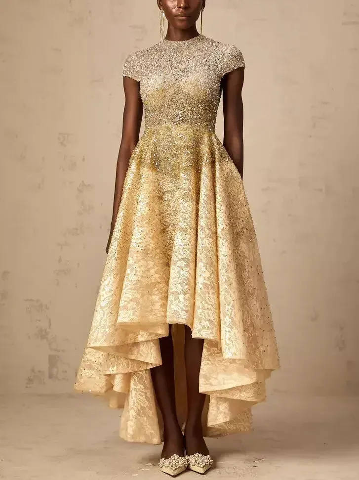 Asymmetrical Gold Sequin-Embellished Cap-Sleeve Dress