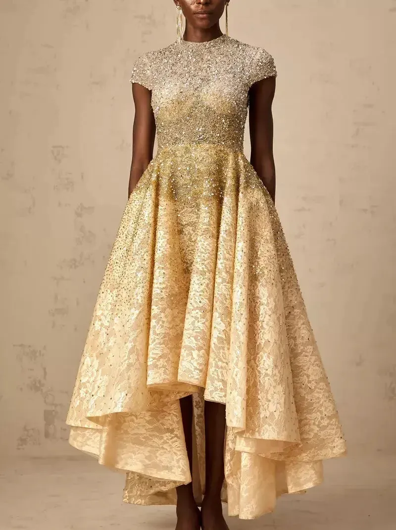 Asymmetrical Gold Sequin-Embellished Cap-Sleeve Dress