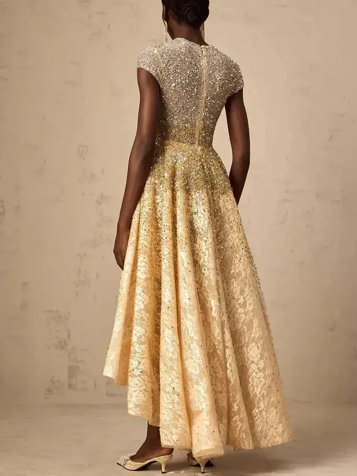 Asymmetrical Gold Sequin-Embellished Cap-Sleeve Dress