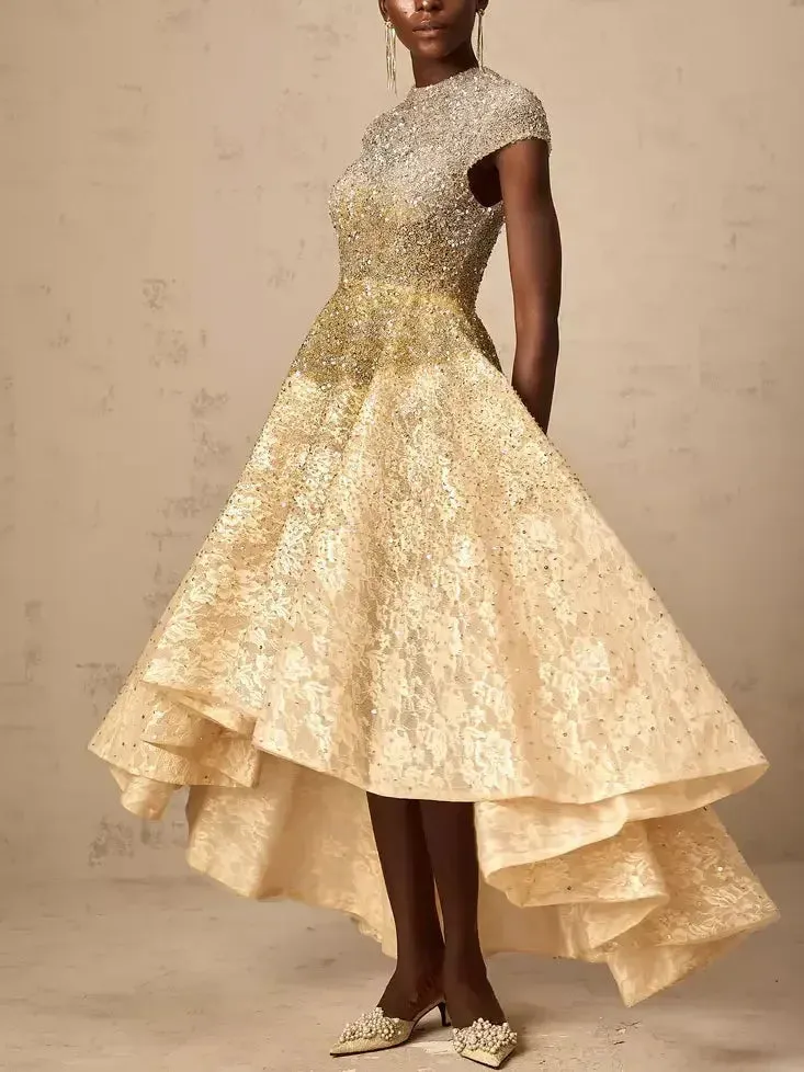 Asymmetrical Gold Sequin-Embellished Cap-Sleeve Dress