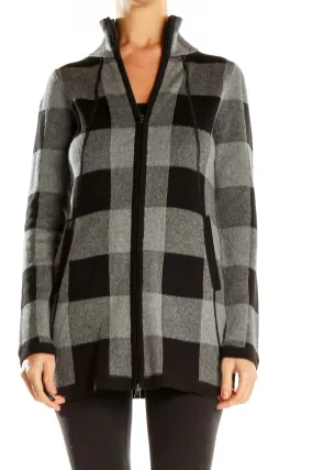 Black Gray Knit Checker Zip Up Jacket