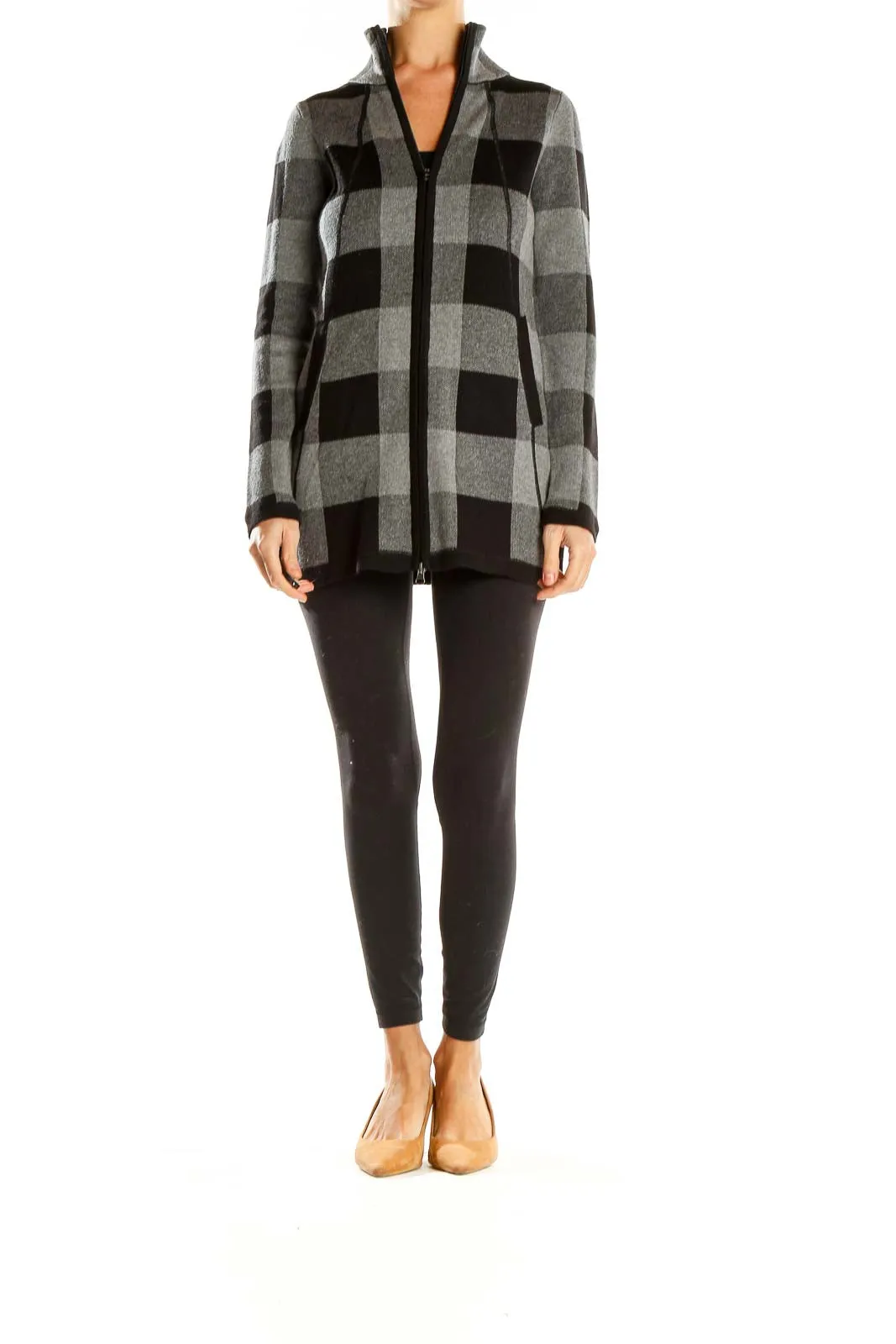 Black Gray Knit Checker Zip Up Jacket