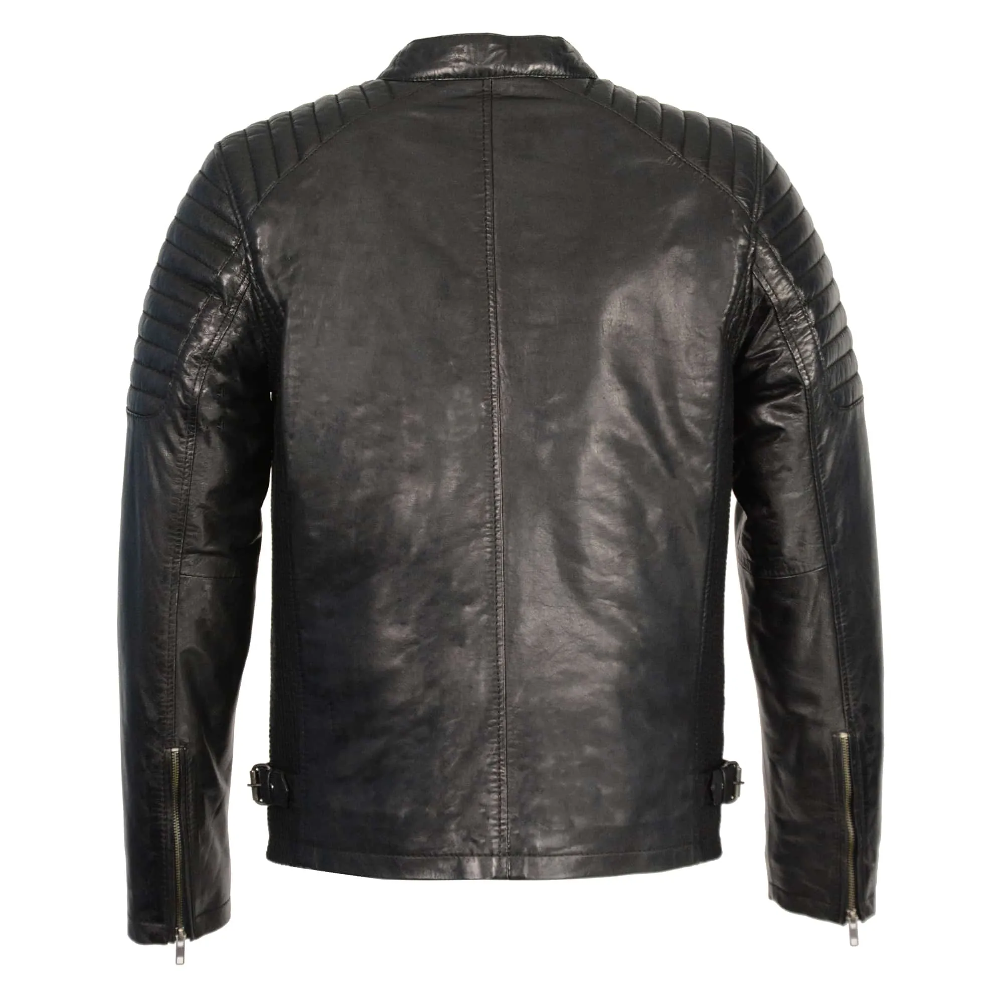 Black Leather Snap Collar Jacket with Quilted Shoulders