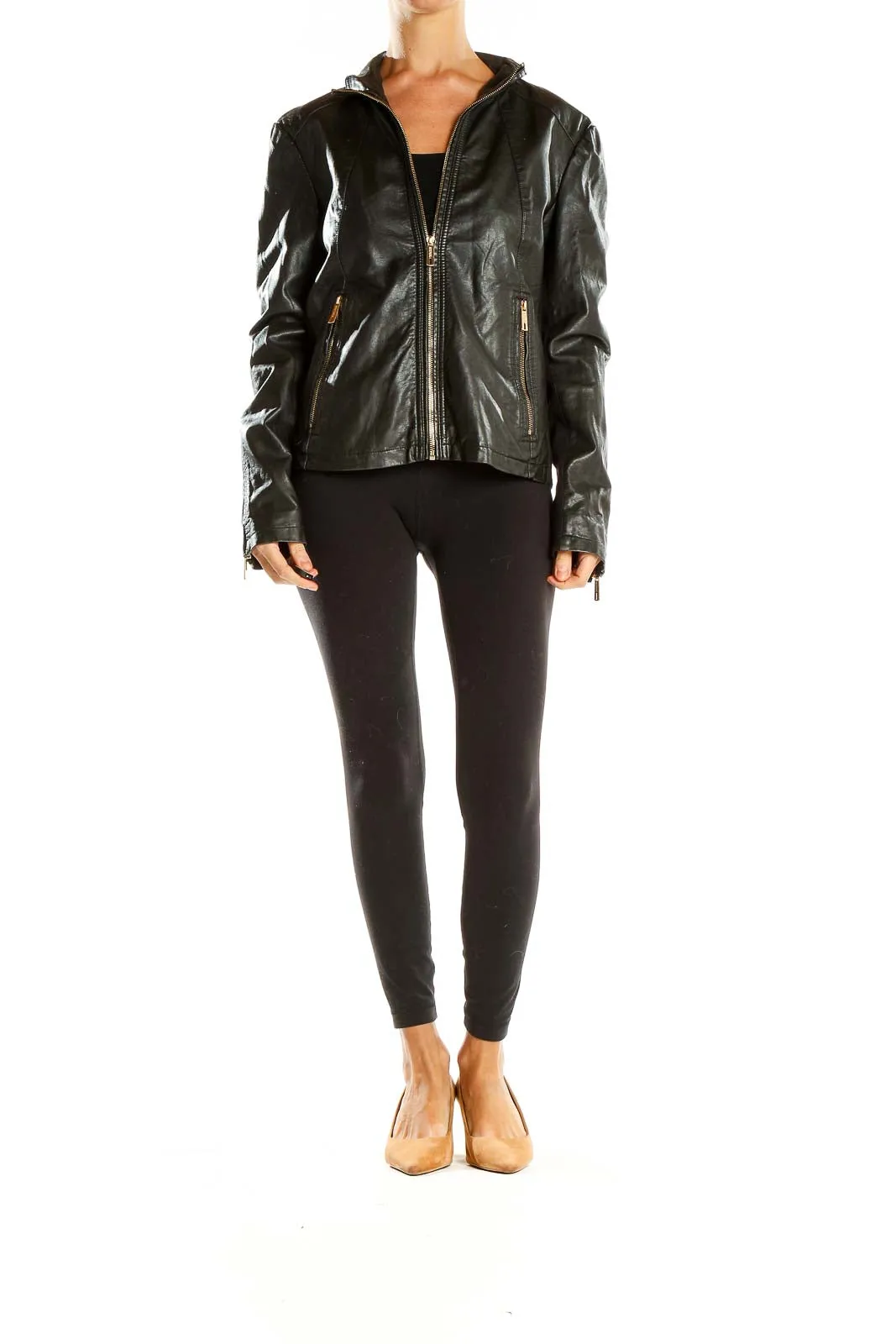 Black Leather Zip-Up Moto Jacket