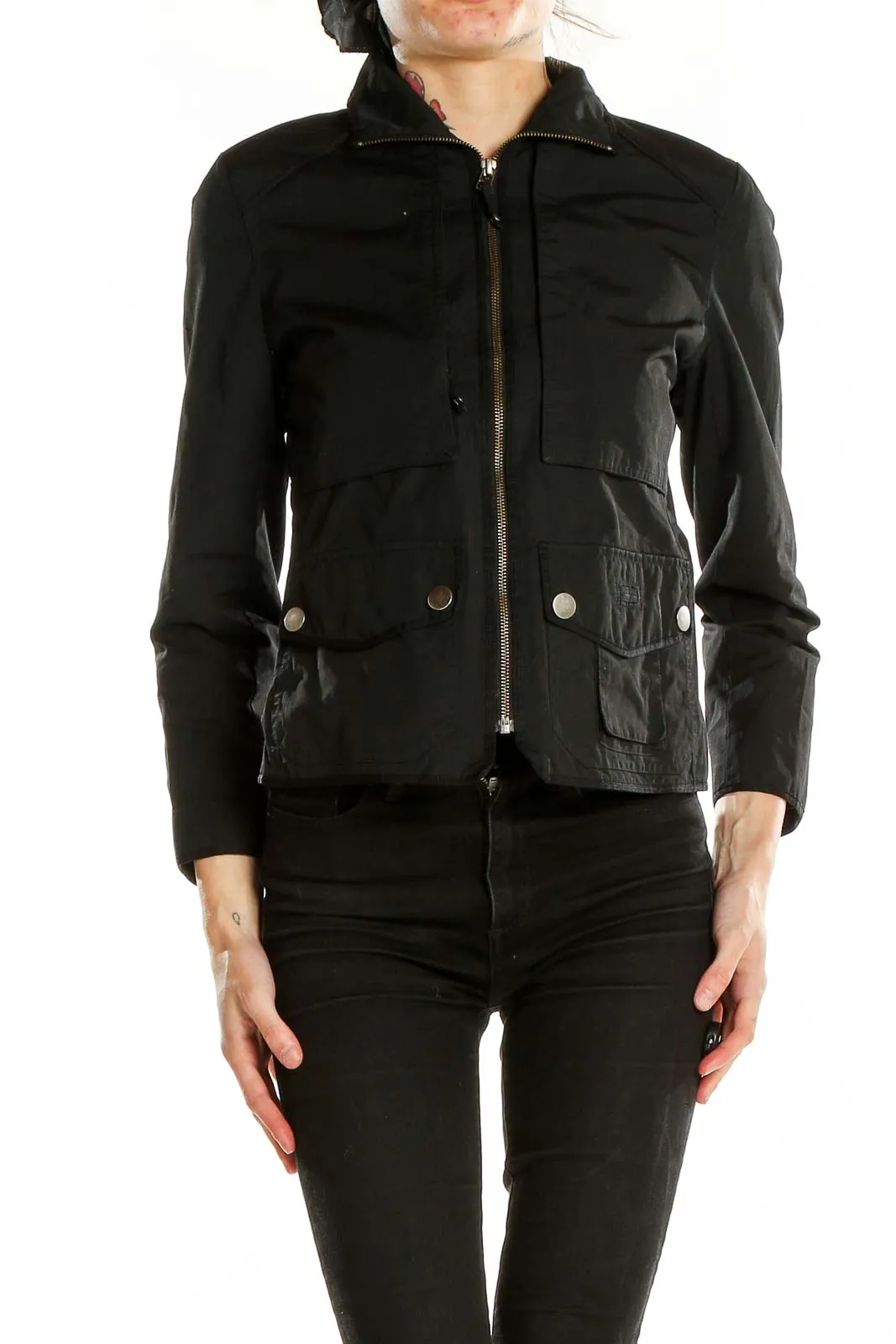 Black Nylon Zip-Up Utility Jacket