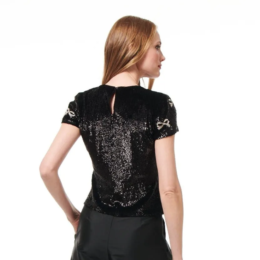 BLACK SHORT SLEEVE SEQUIN TEE WITH CRYSTAL BOWS