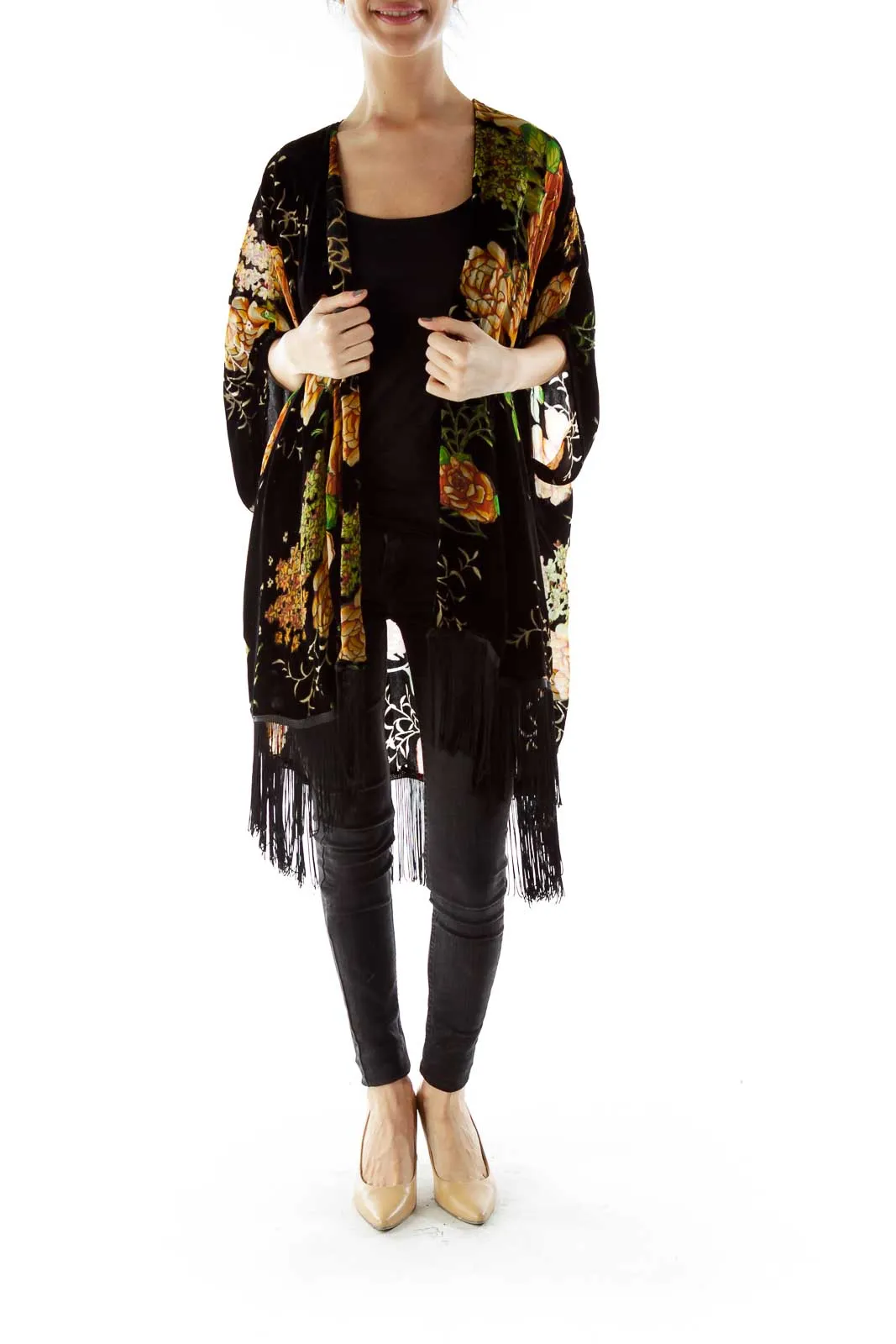 Black Velvet Flower Print Cape