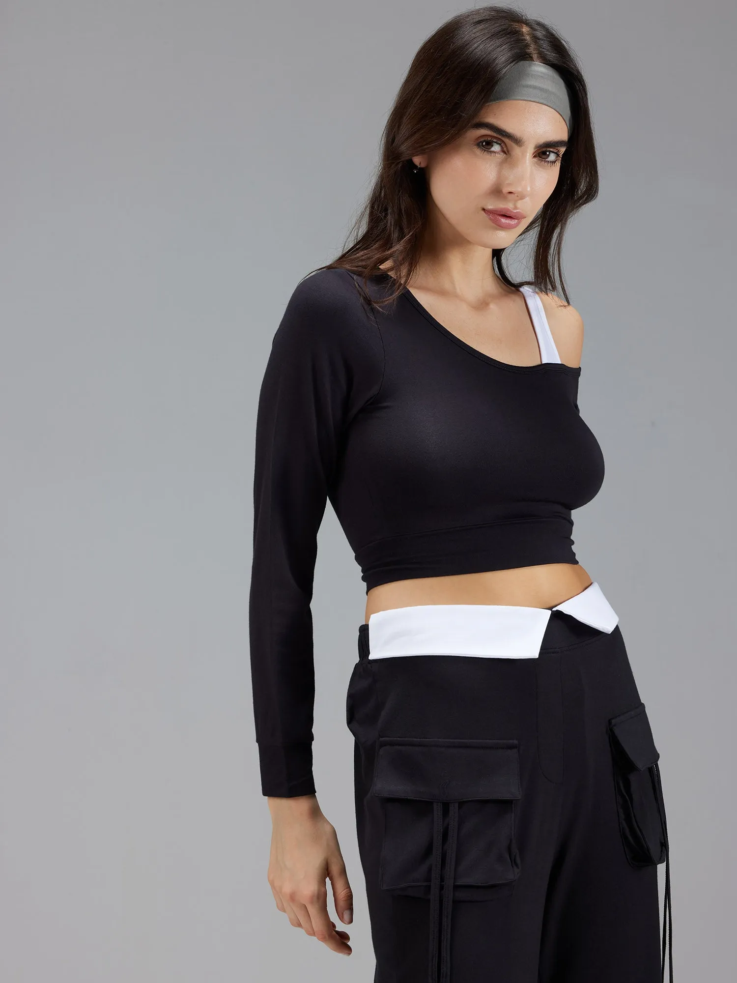 Black Whirl One Shoulder Top