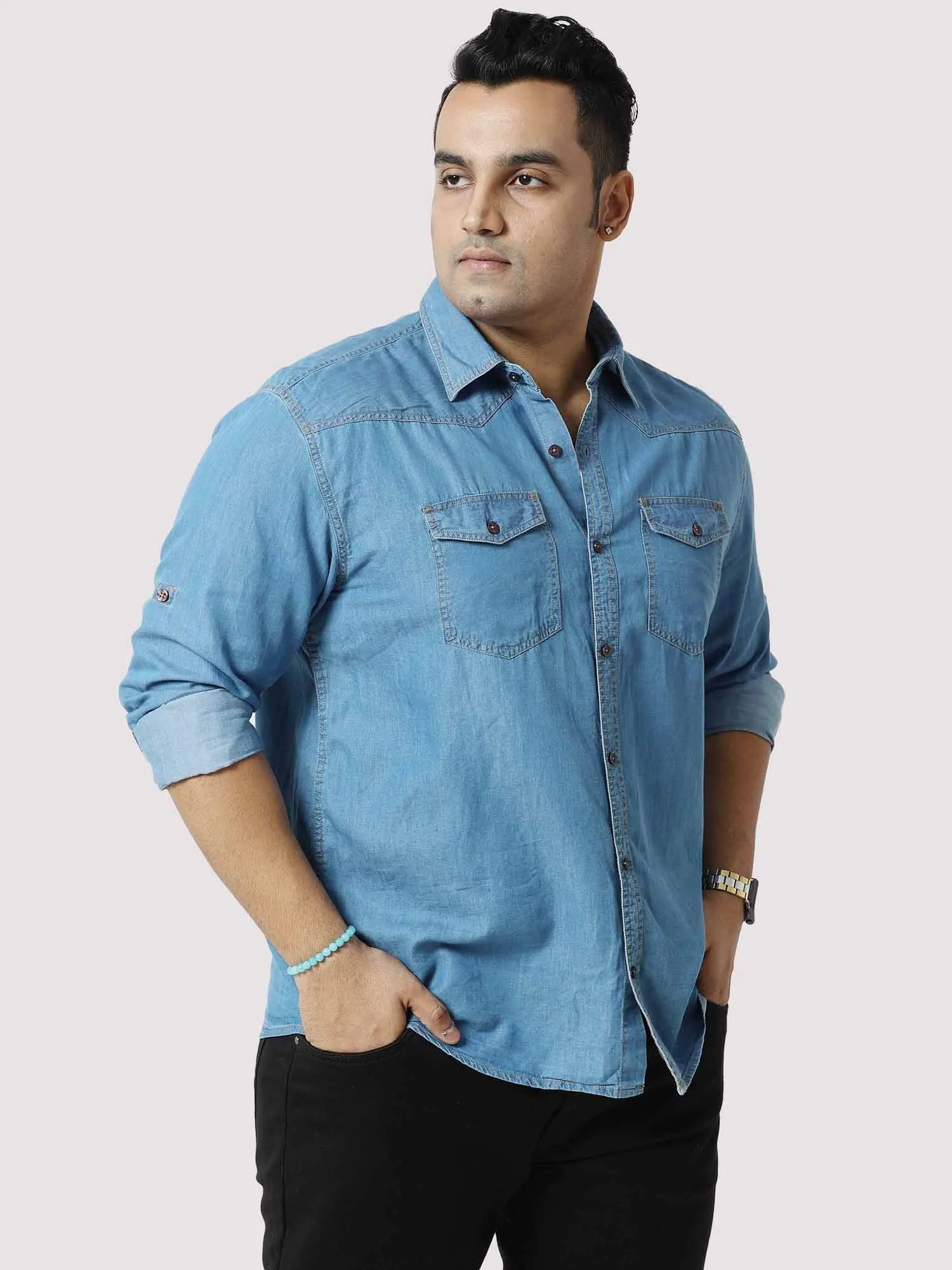 Blue Denim Double Pocket Full Sleeve Shirt Men's Plus Size