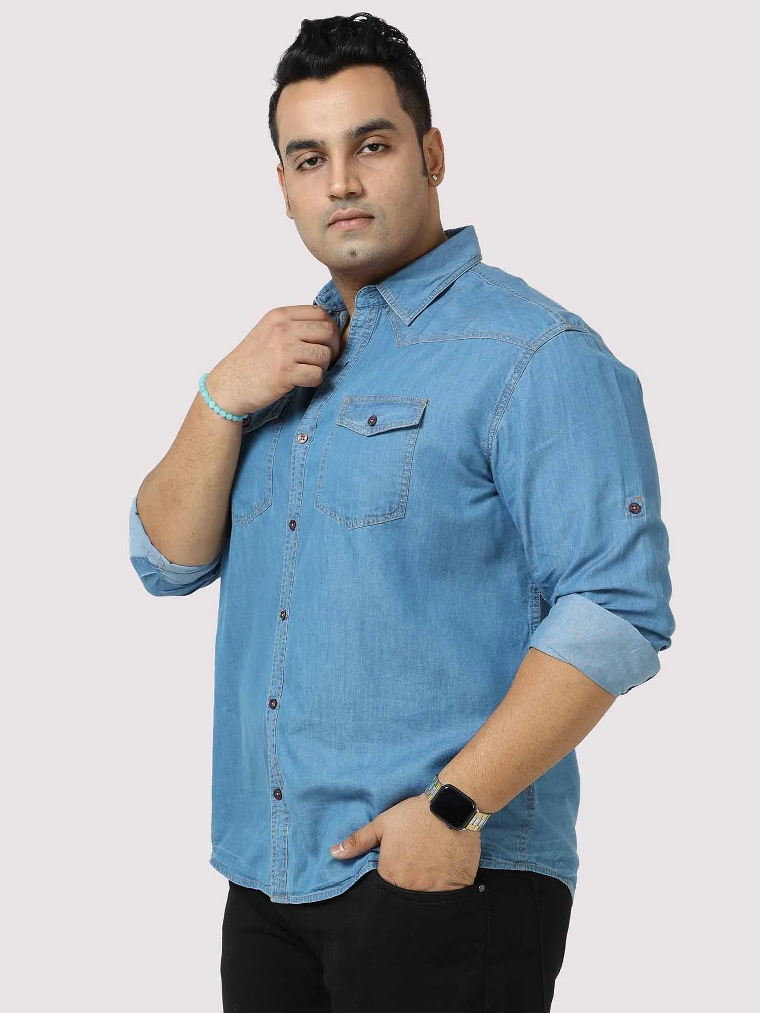 Blue Denim Double Pocket Full Sleeve Shirt Men's Plus Size