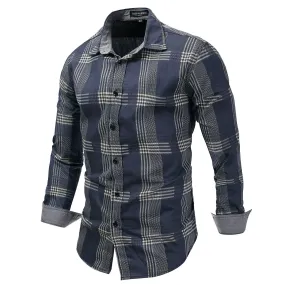 Bonsir New Men's Denim Shirt Plus Size Denim Long-Sleeved Plaid Shirt Washed Denim Casual Color Matching Loose Shirt for Male