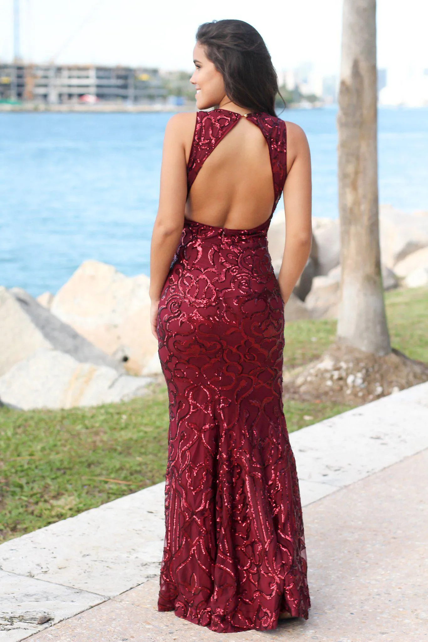 Burgundy Sequin Maxi Dress with Open Back