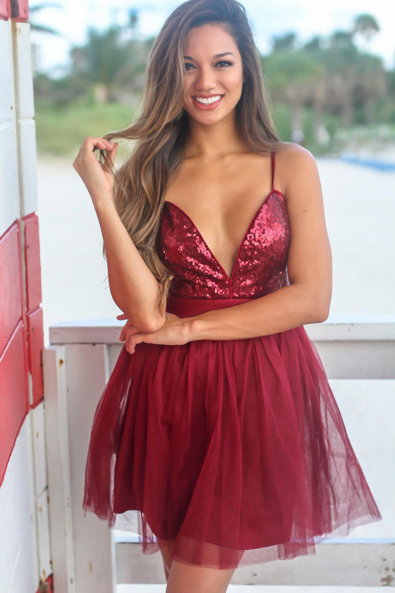 Burgundy Tulle Short Dress with Sequin Top