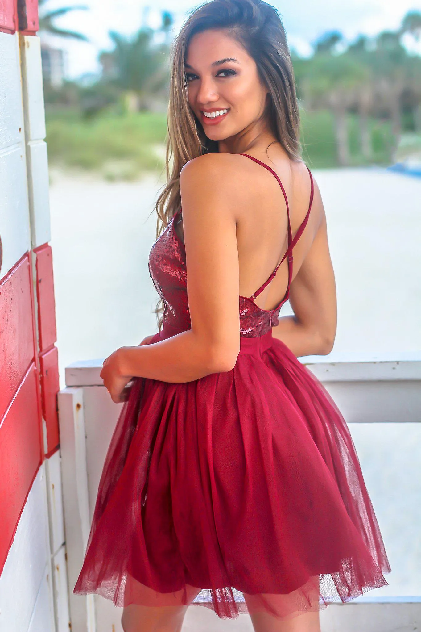 Burgundy Tulle Short Dress with Sequin Top