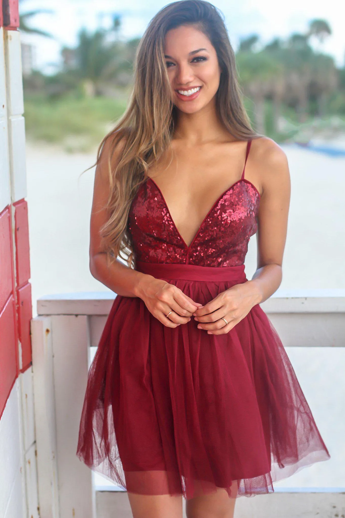 Burgundy Tulle Short Dress with Sequin Top