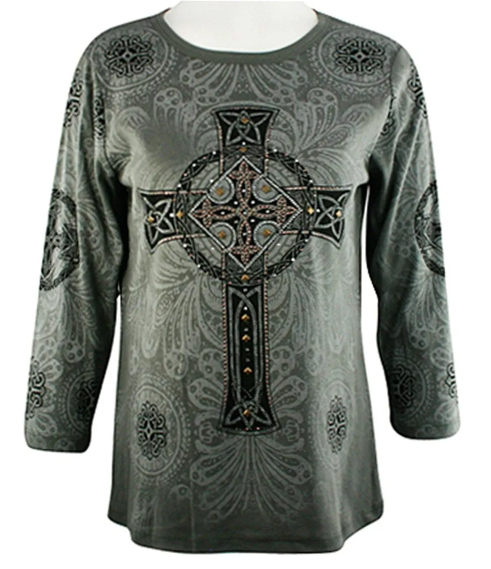 Cactus Fashion - Cross & Deco, 3/4 Sleeve, Scoop Neck Rhinestone Print Top