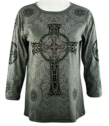 Cactus Fashion - Cross & Deco, 3/4 Sleeve, Scoop Neck Rhinestone Print Top