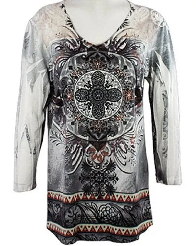 Cactus Fashion - Destiny, Lace Shoulders, Rhinestones, Printed Burnout Top