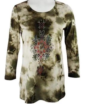 Cactus Fashion - Ornamental Tie Dye, Scoop Neck, Cotton Print Rhinestone Top