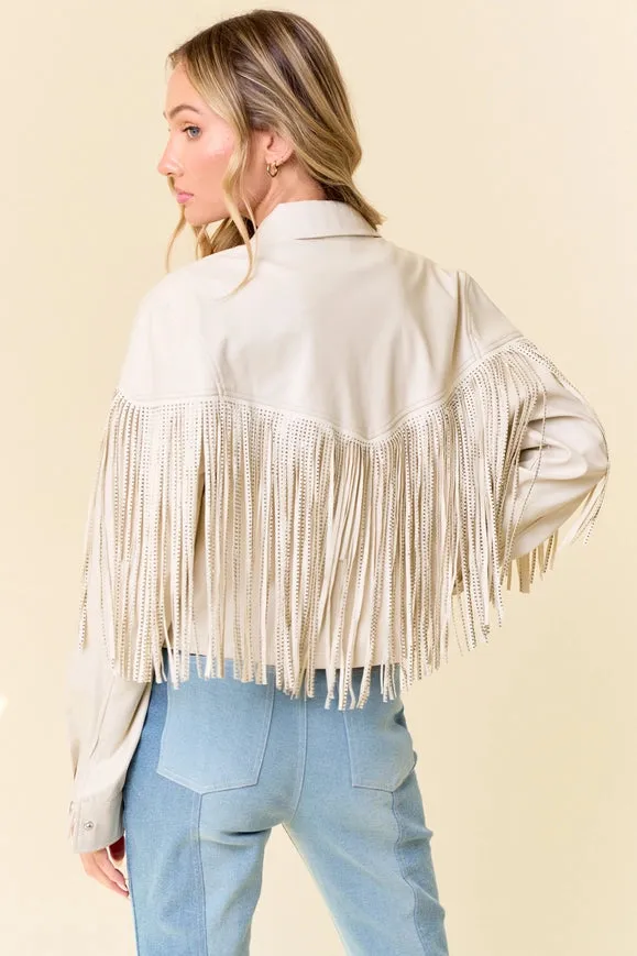 Cream Pu Silver Studded Fringe Button Down Jacket