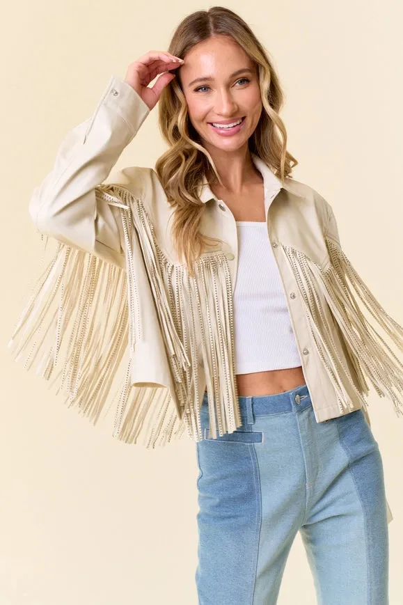 Cream Pu Silver Studded Fringe Button Down Jacket