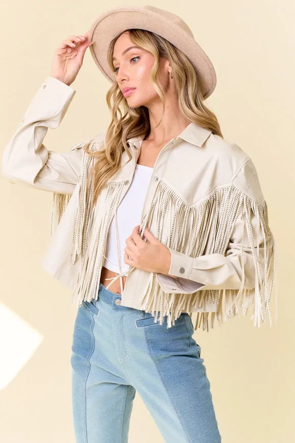 Cream Pu Silver Studded Fringe Button Down Jacket