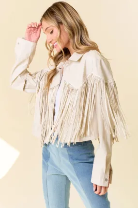 Cream Pu Silver Studded Fringe Button Down Jacket