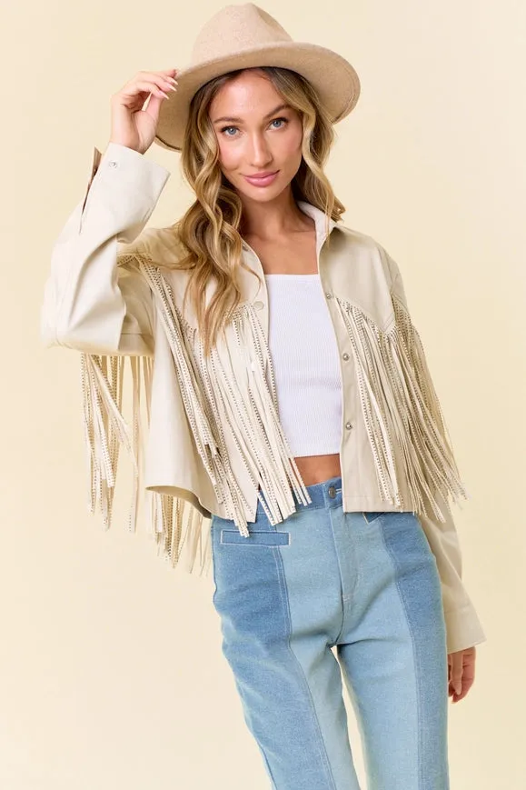 Cream Pu Silver Studded Fringe Button Down Jacket