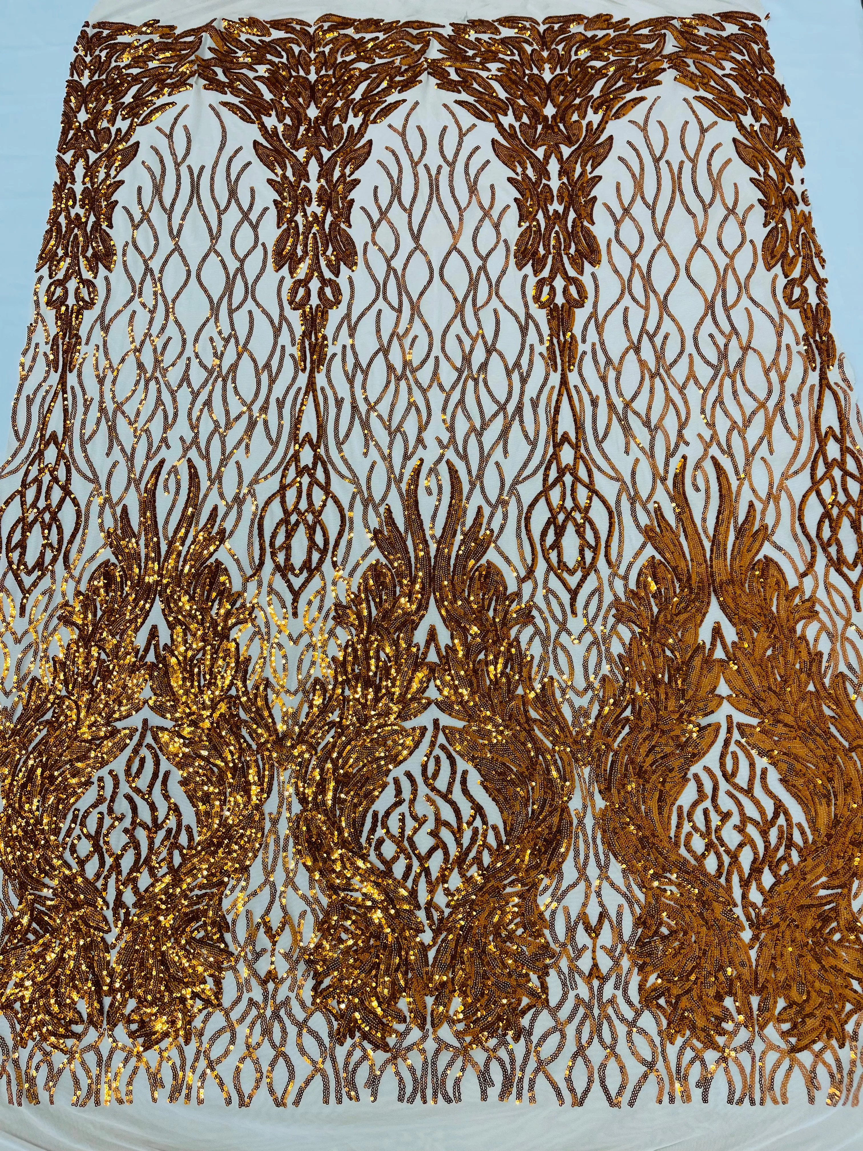 Damask iridescent sequin design on a nude 4 way stretch mesh fabric-prom-sold by the yard.