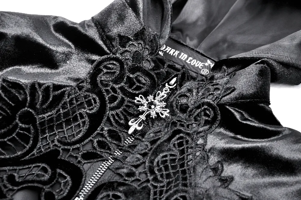 Elegance Black Velvet Cape with Skull Embroidery