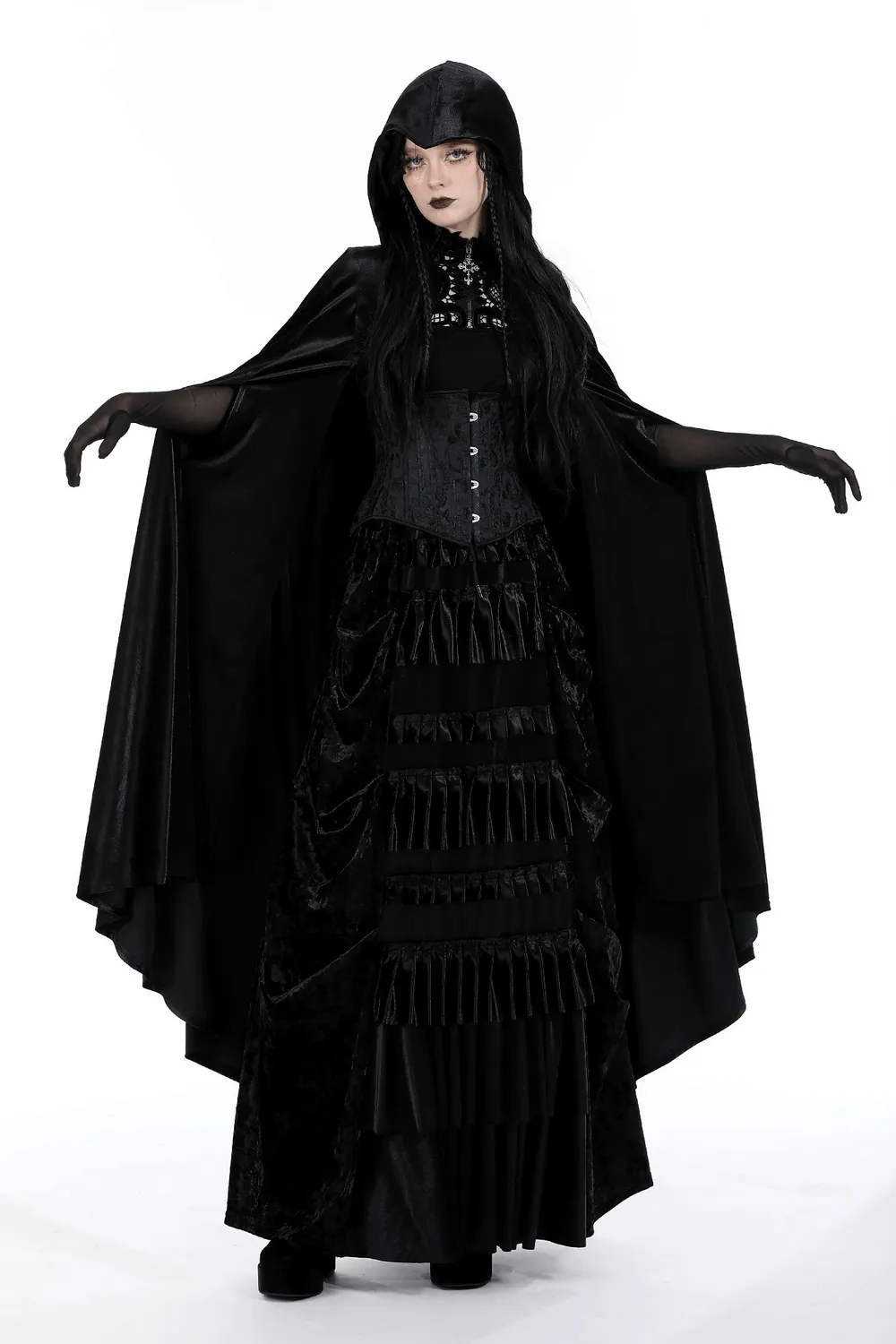 Elegance Black Velvet Cape with Skull Embroidery