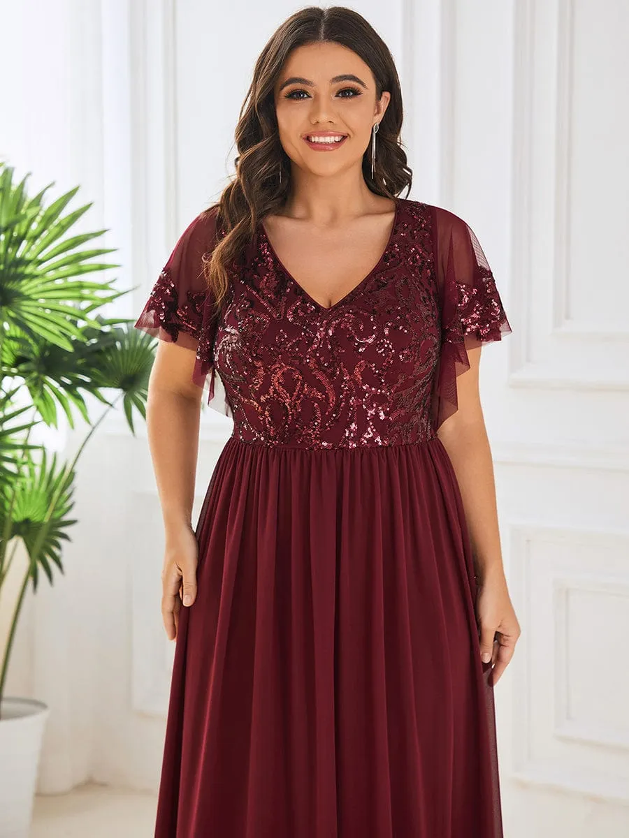 Elegant V-Neck Sequin A-Line Short Sleeves Chiffon Midi Formal Dress