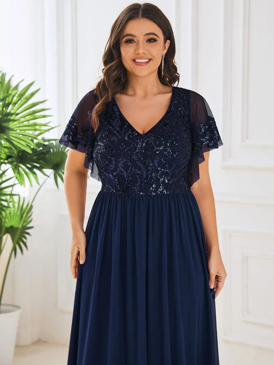 Elegant V-Neck Sequin A-Line Short Sleeves Chiffon Midi Formal Dress